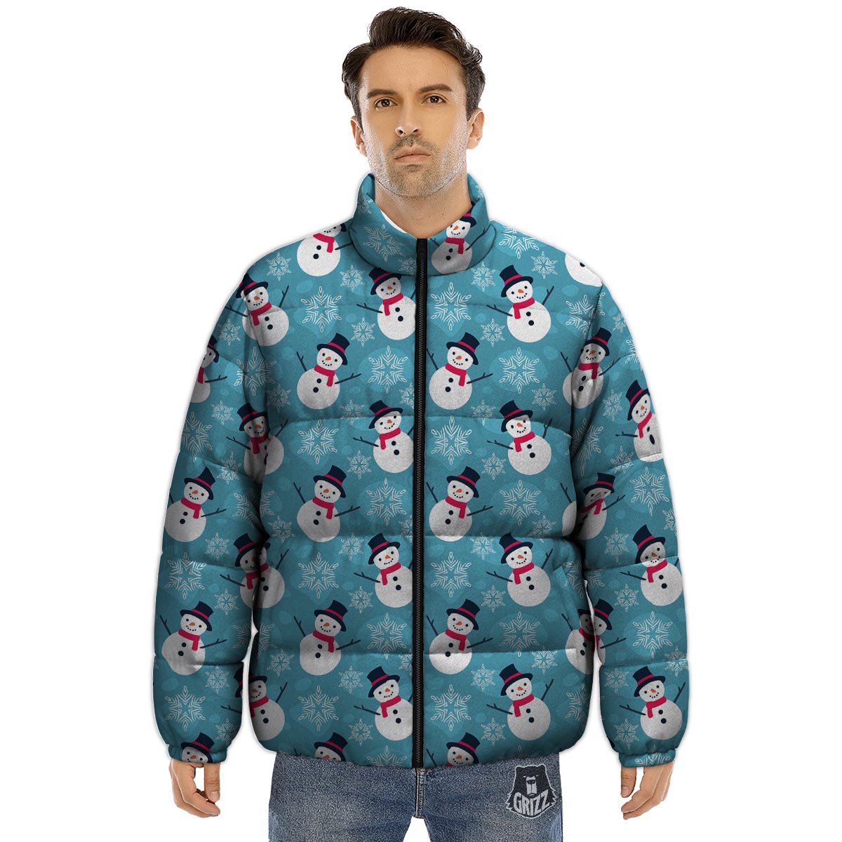 Snowman Teal Print Pattern Puffer Jacket-grizzshop