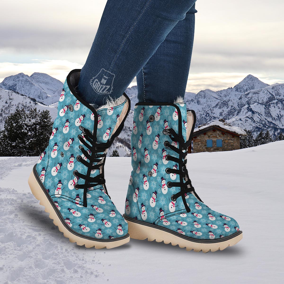 Snowman Teal Print Pattern Snow Boots-grizzshop