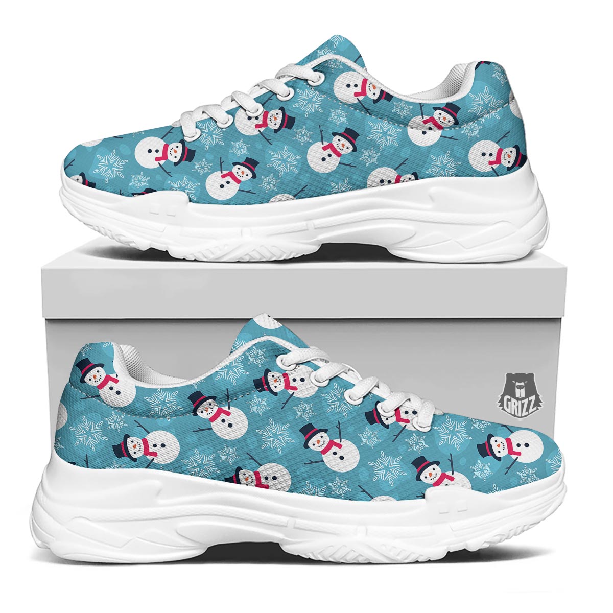 Snowman Teal Print Pattern White Chunky Shoes-grizzshop