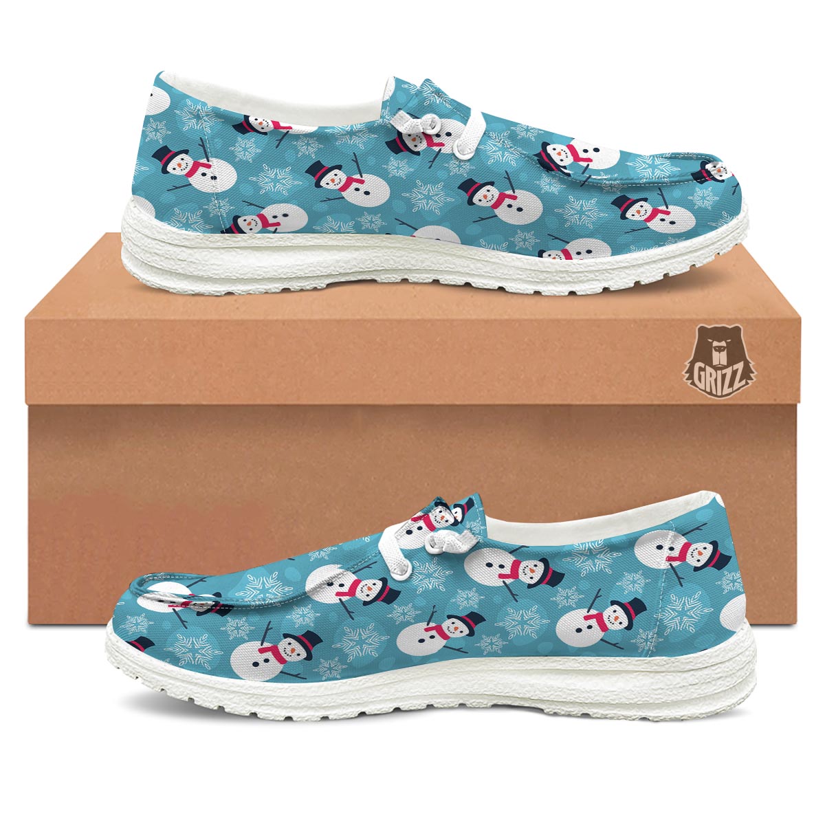 Snowman Teal Print Pattern White Loafers-grizzshop