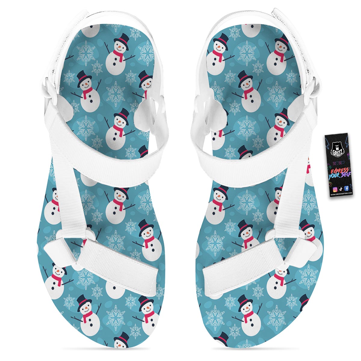 Snowman Teal Print Pattern White Open Toe Sandals-grizzshop