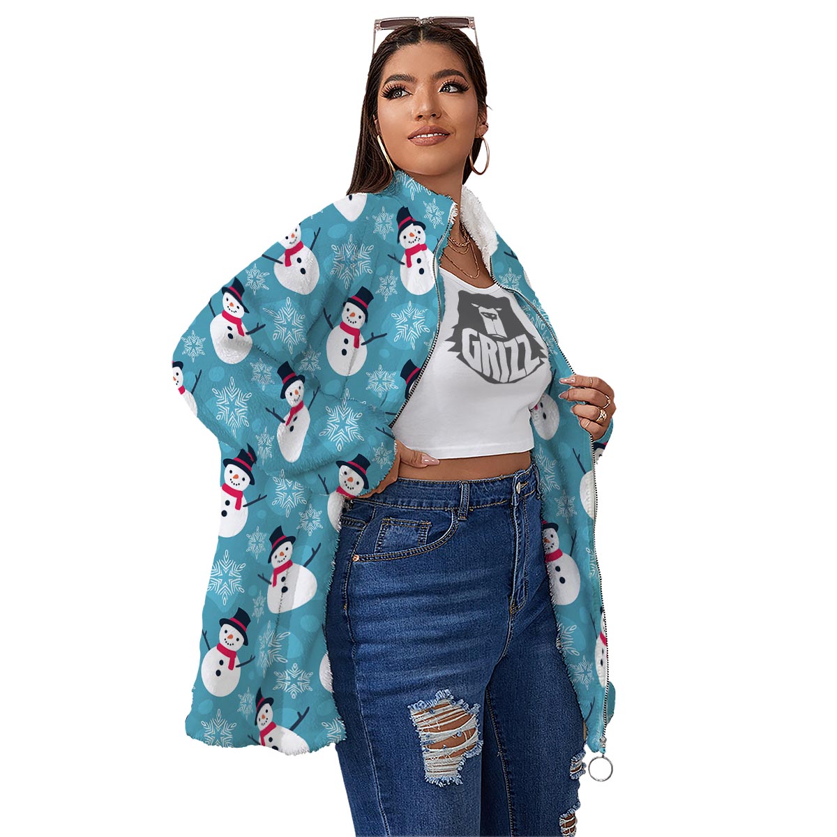 Snowman Teal Print Pattern Women's Sherpa Jacket-grizzshop