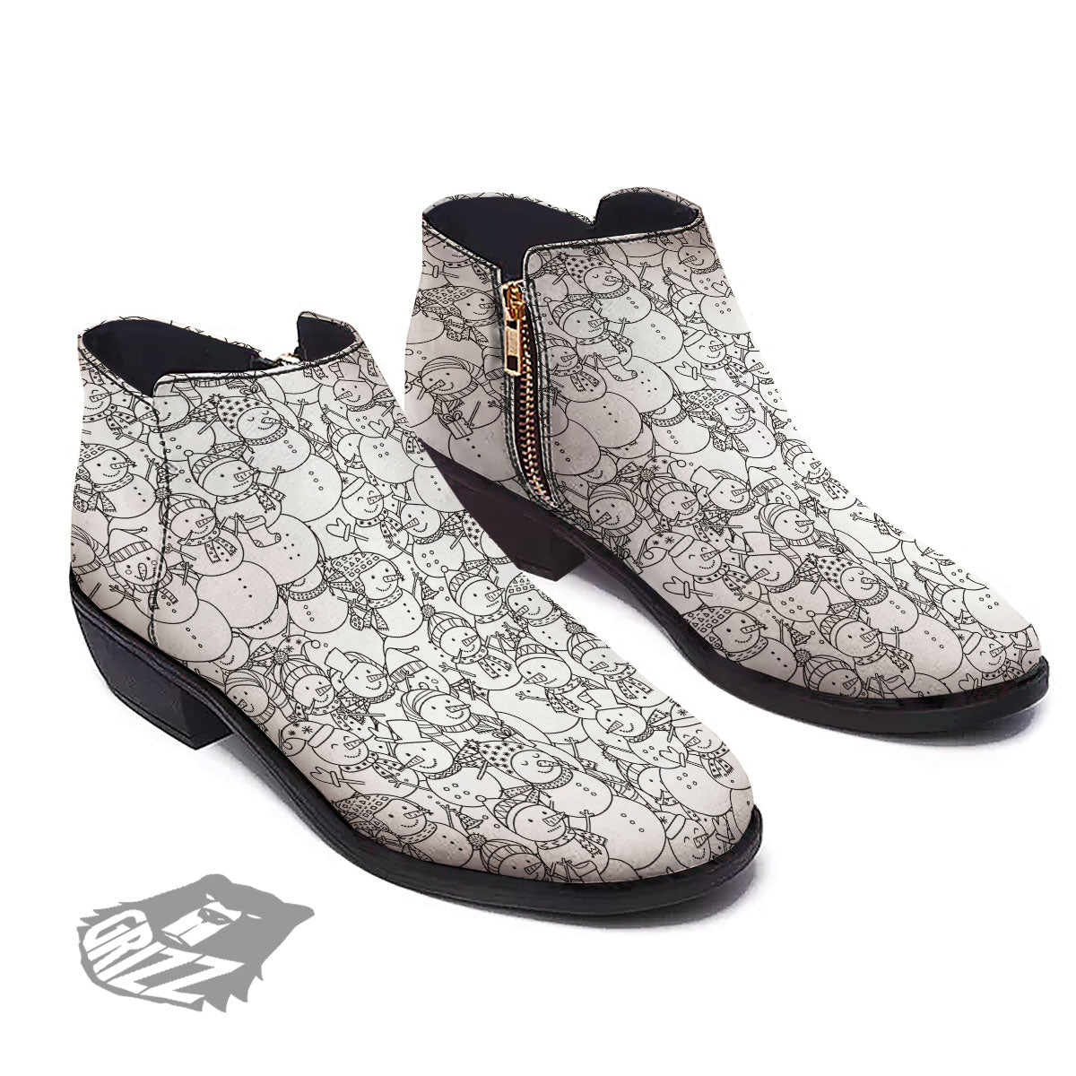 Snowman White And Black Print Pattern Ankle Boots-grizzshop
