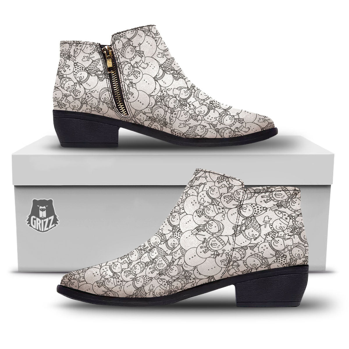 Snowman White And Black Print Pattern Ankle Boots-grizzshop