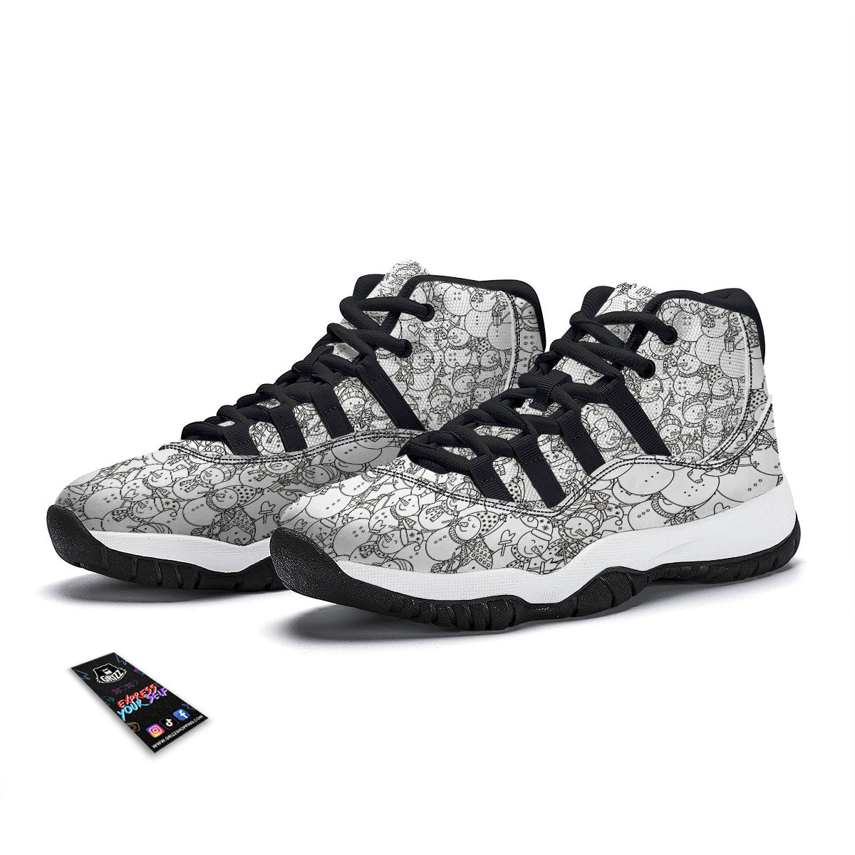 Snowman White And Black Print Pattern Black Bball Shoes-grizzshop