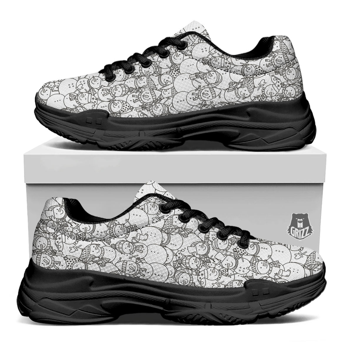 Snowman White And Black Print Pattern Black Chunky Shoes-grizzshop