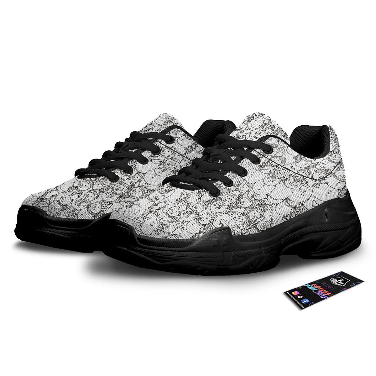 Snowman White And Black Print Pattern Black Chunky Shoes-grizzshop