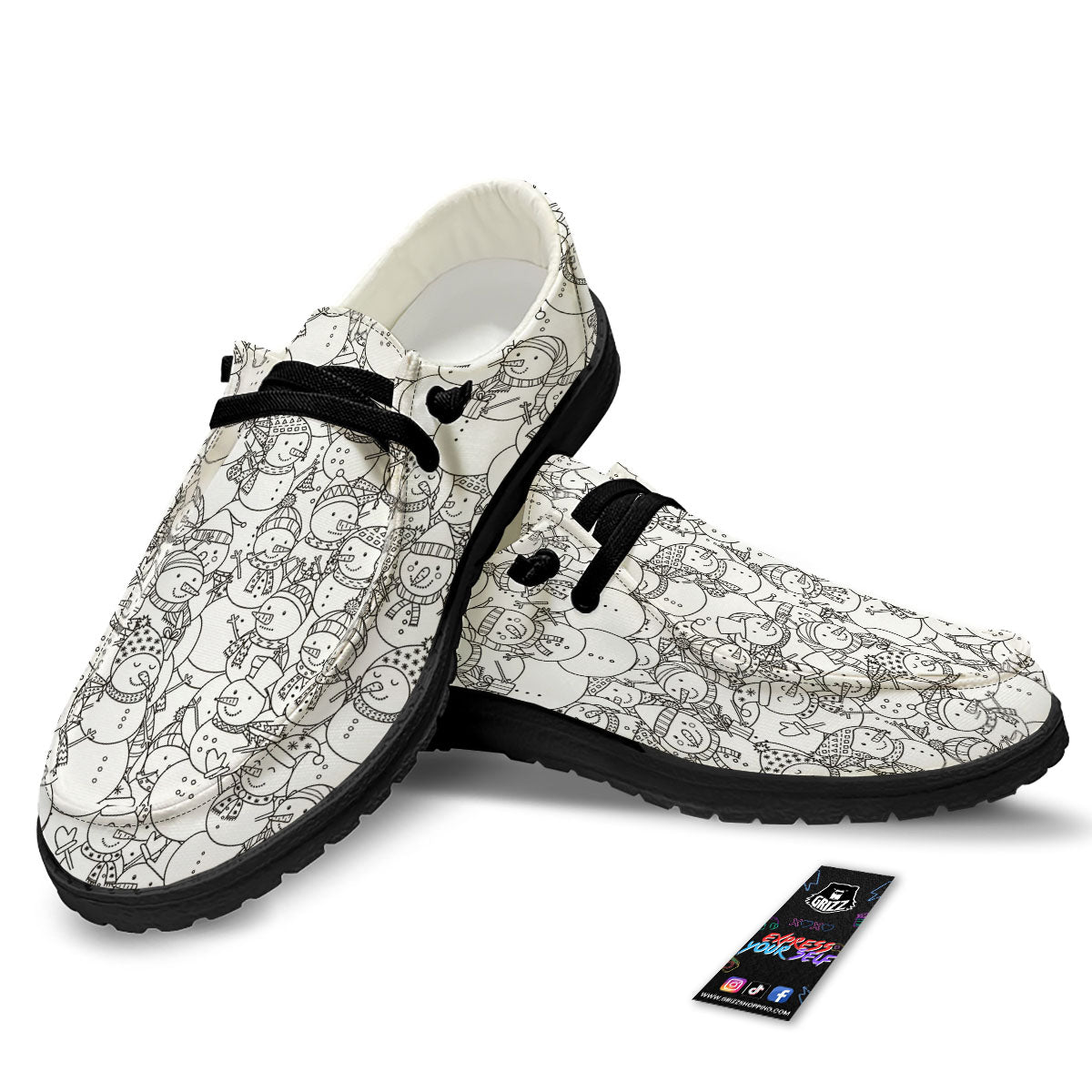 Snowman White And Black Print Pattern Black Loafers-grizzshop