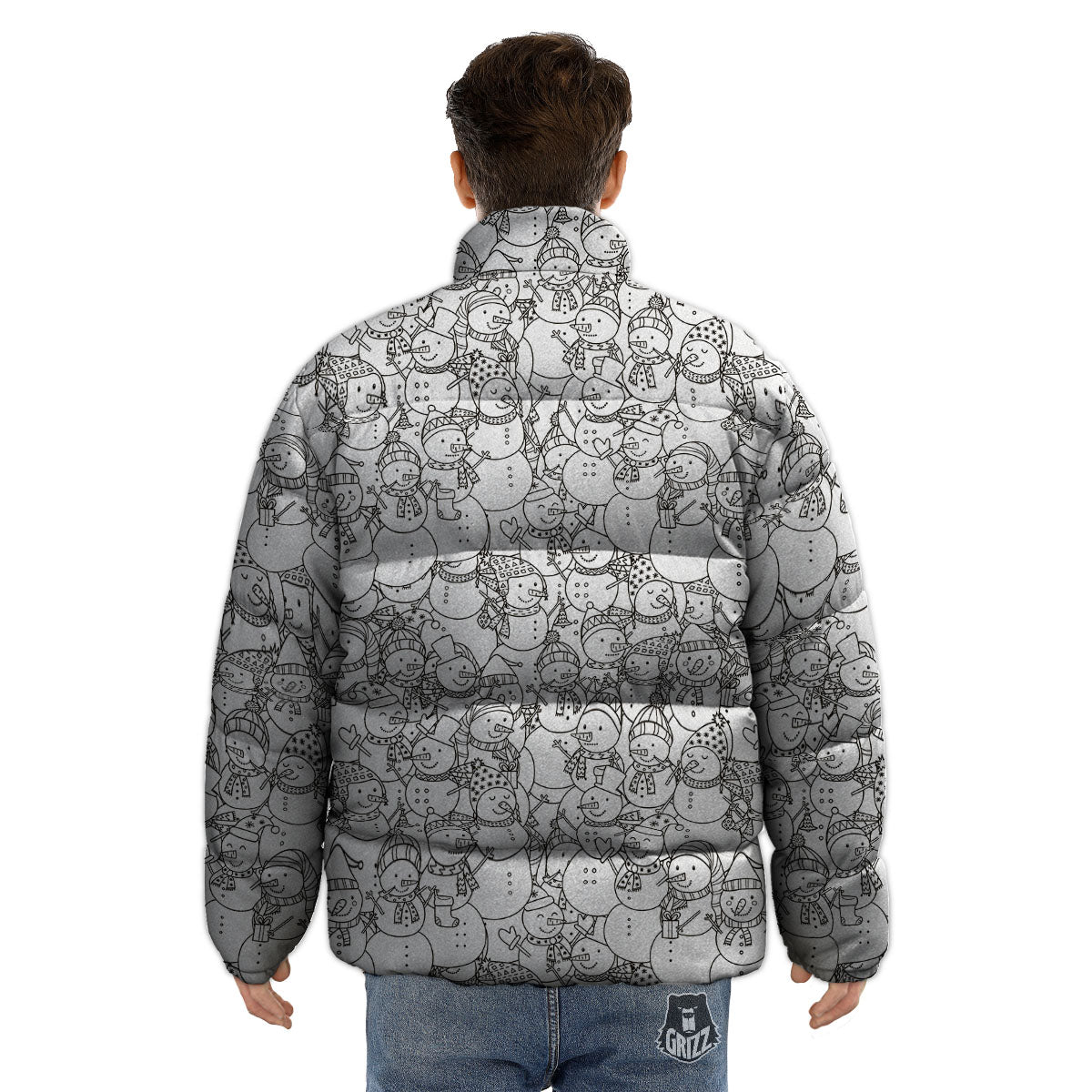 Snowman White And Black Print Pattern Puffer Jacket-grizzshop