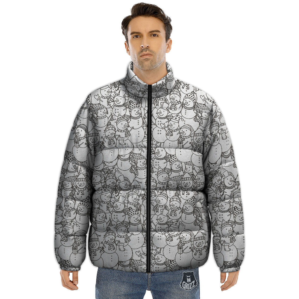 Snowman White And Black Print Pattern Puffer Jacket-grizzshop