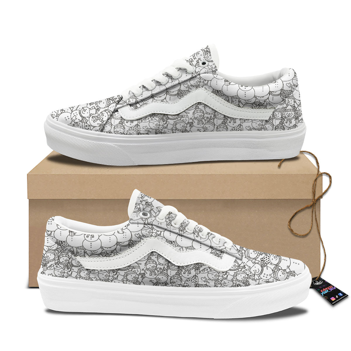 Snowman White And Black Print Pattern Skate Shoes-grizzshop