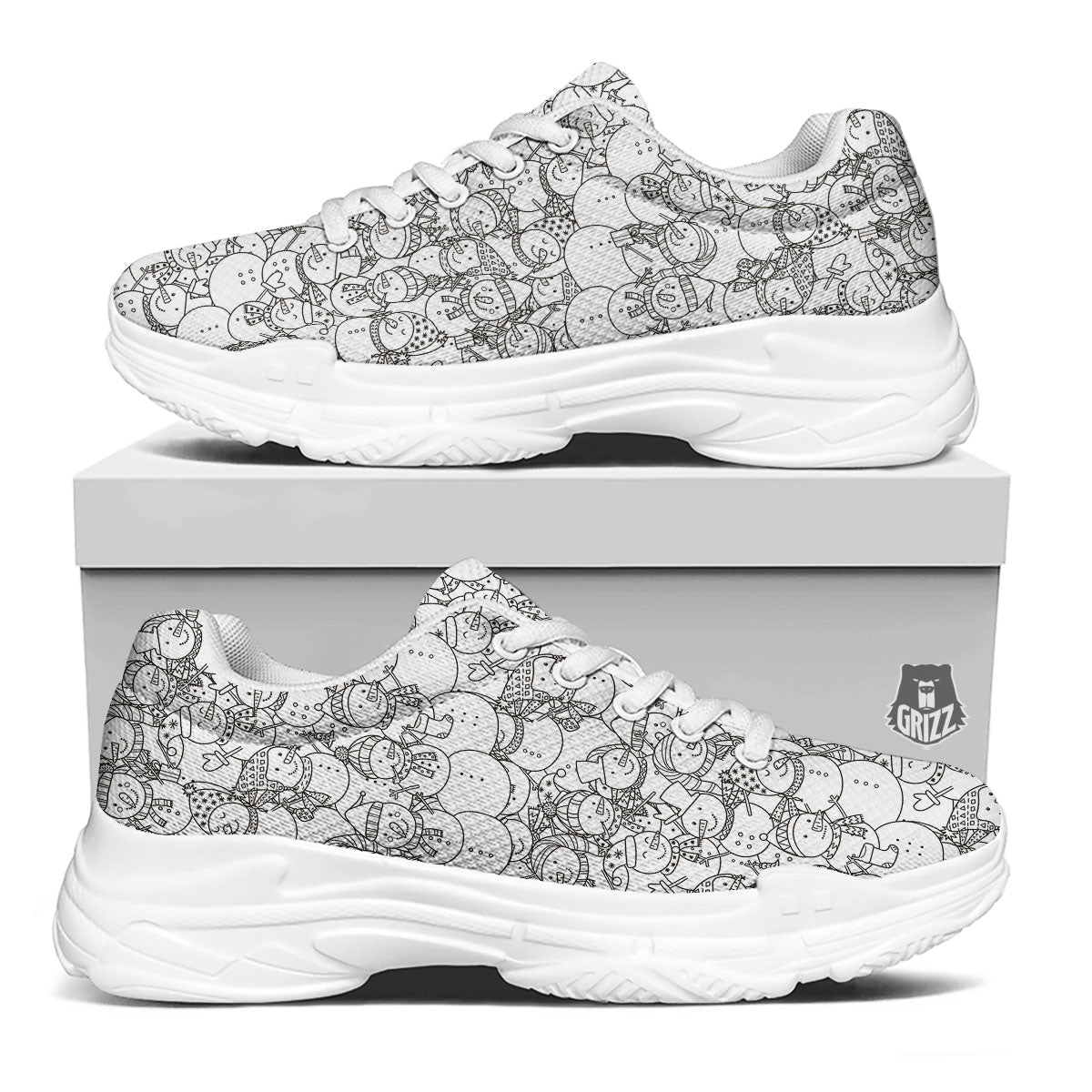 Snowman White And Black Print Pattern White Chunky Shoes-grizzshop