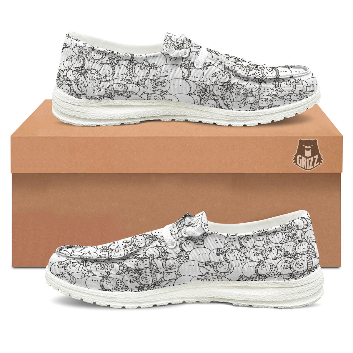 Snowman White And Black Print Pattern White Loafers-grizzshop