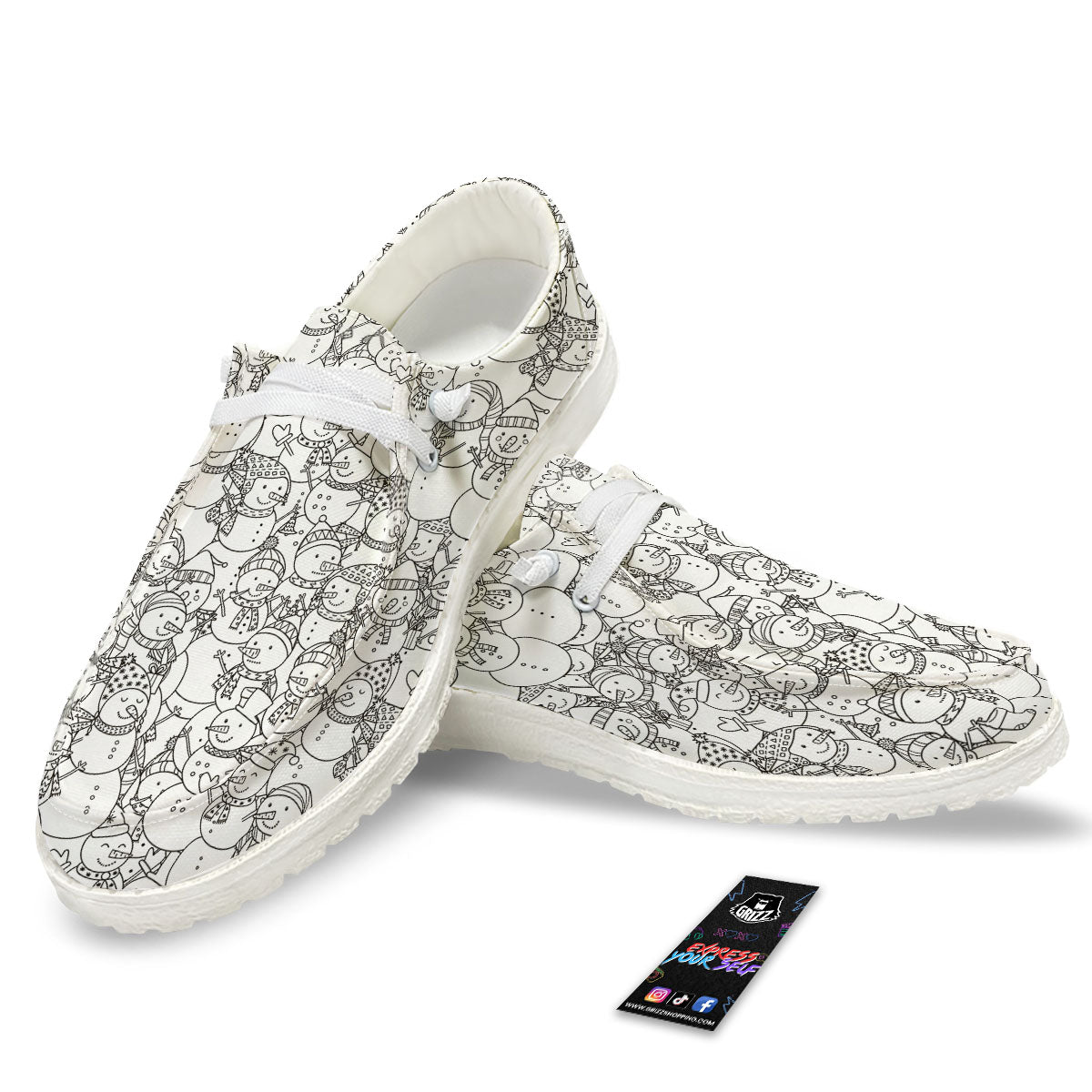 Snowman White And Black Print Pattern White Loafers-grizzshop
