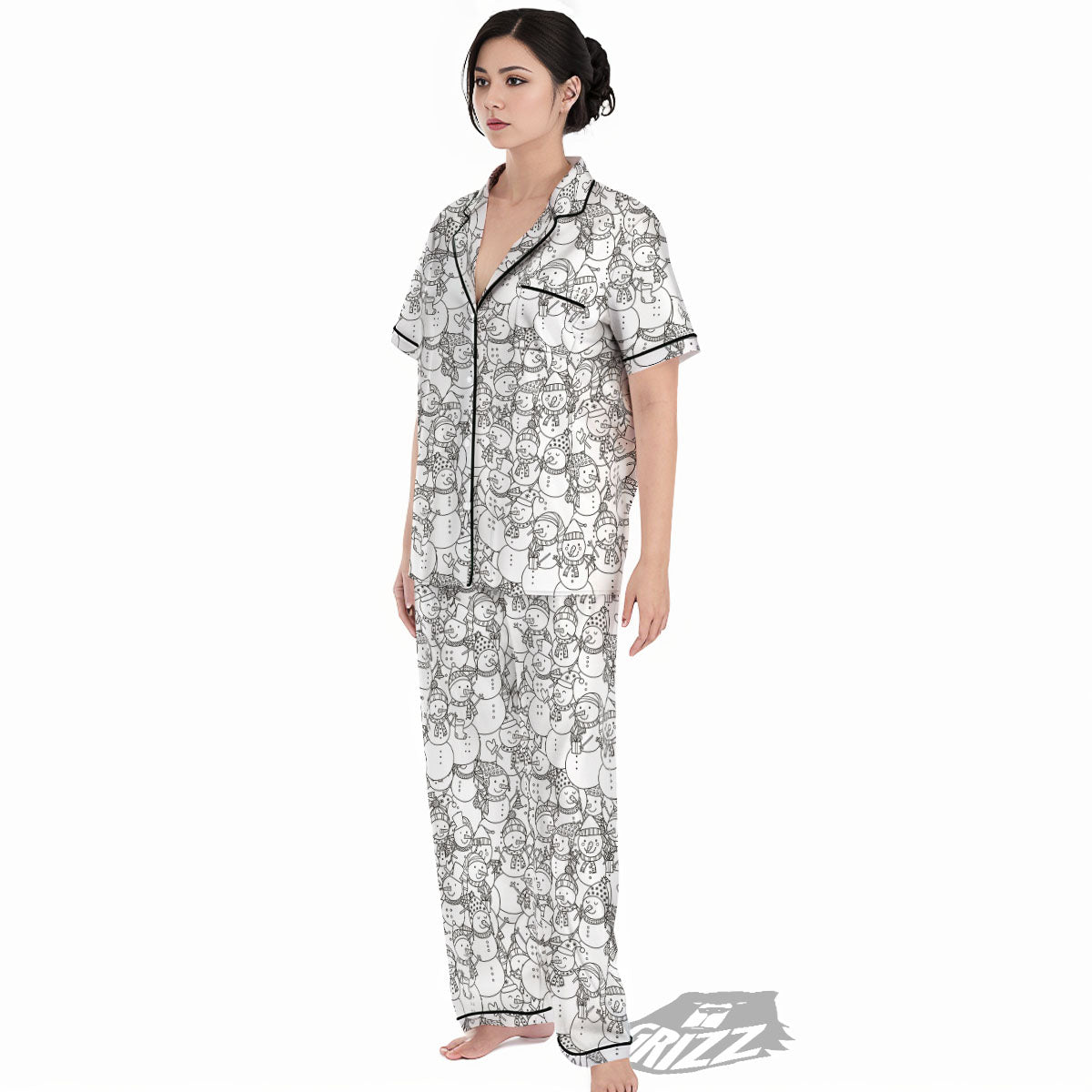Snowman White And Black Print Pattern Women's Pajamas Set-grizzshop