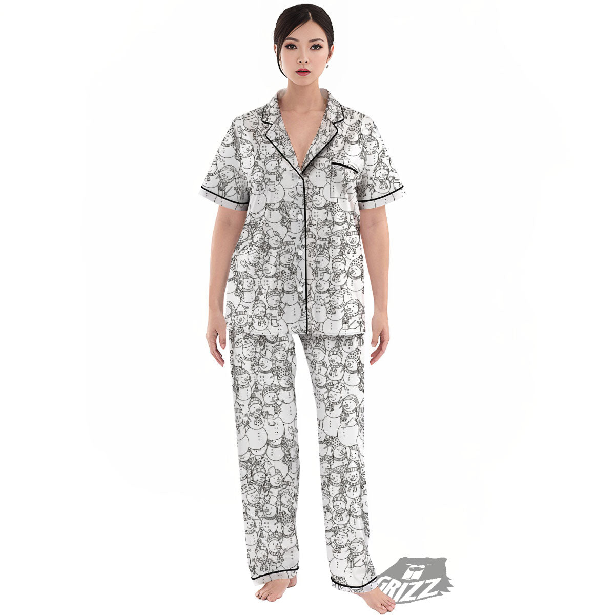 Snowman White And Black Print Pattern Women's Pajamas Set-grizzshop