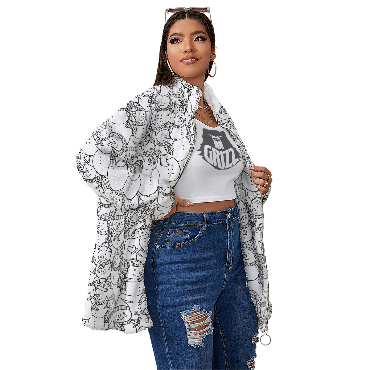 Snowman White And Black Print Pattern Women's Sherpa Jacket-grizzshop
