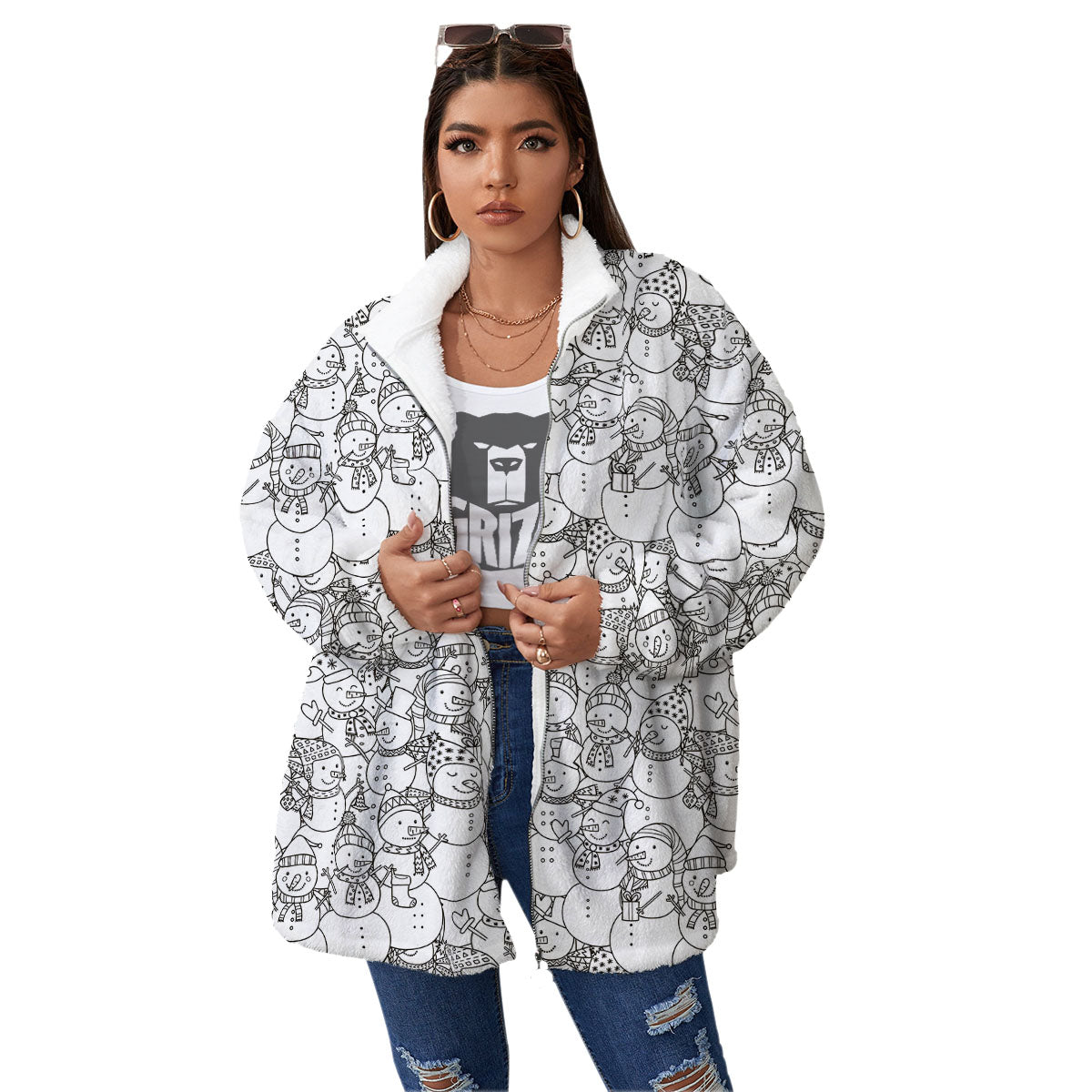 Snowman White And Black Print Pattern Women's Sherpa Jacket-grizzshop