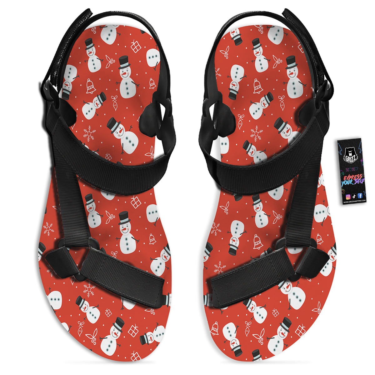 Snowman Xmas Print Pattern Black Open Toe Sandals-grizzshop
