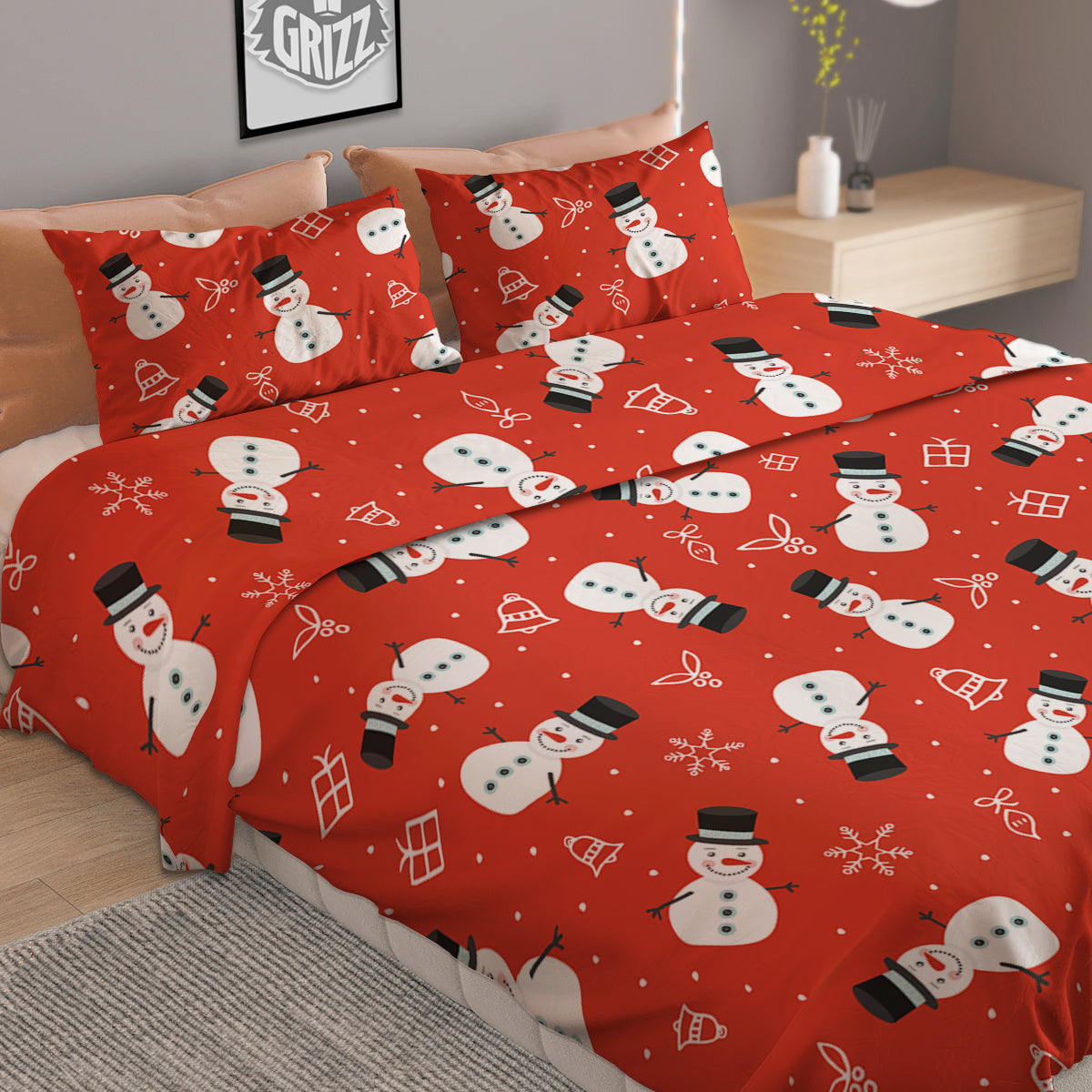 Snowman Xmas Print Pattern Duvet Cover Bedding Set