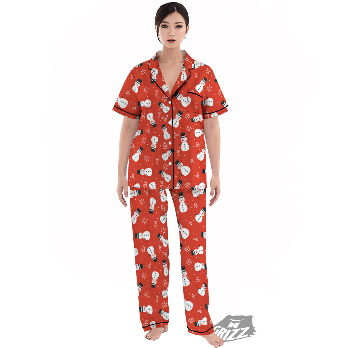 Snowman Xmas Print Pattern Women's Pajamas Set-grizzshop