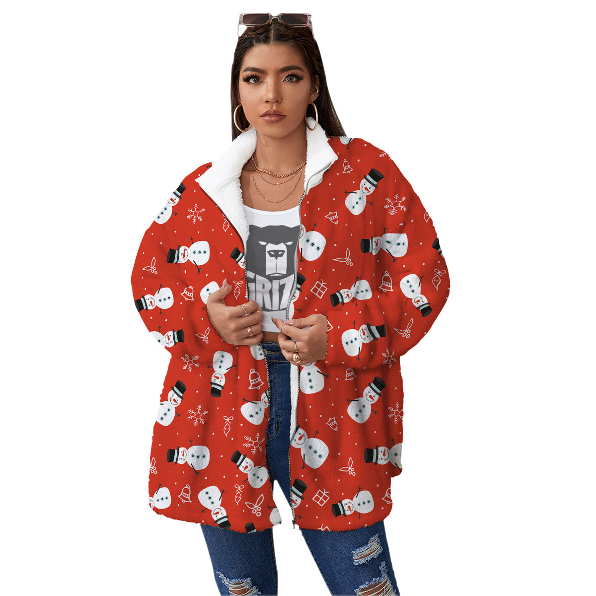 Snowman Xmas Print Pattern Women's Sherpa Jacket-grizzshop