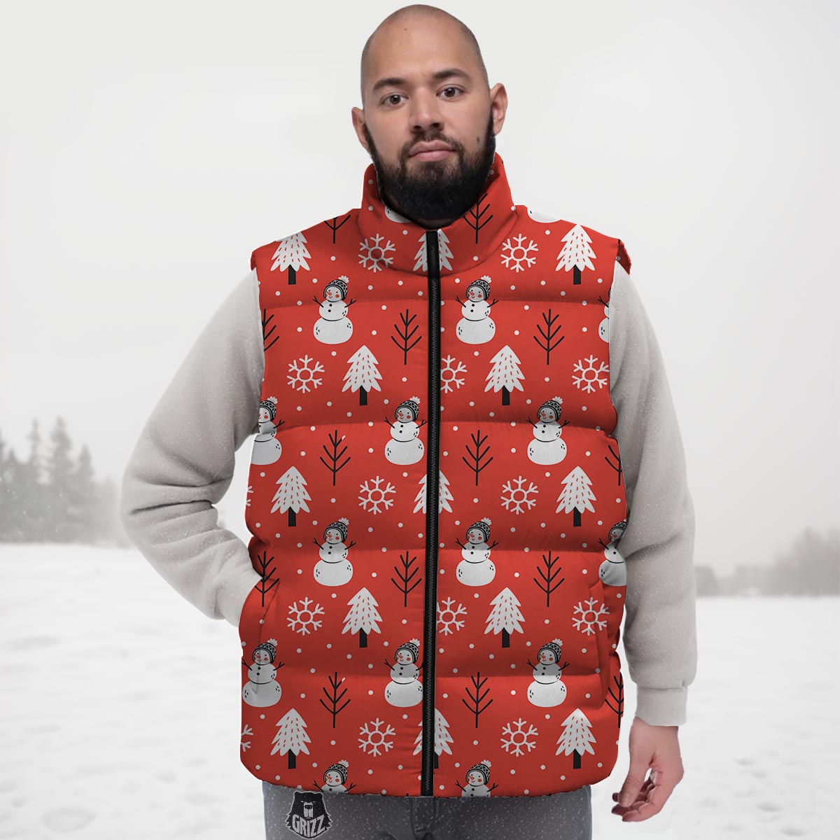 Snowman Red Print Pattern Down Vest