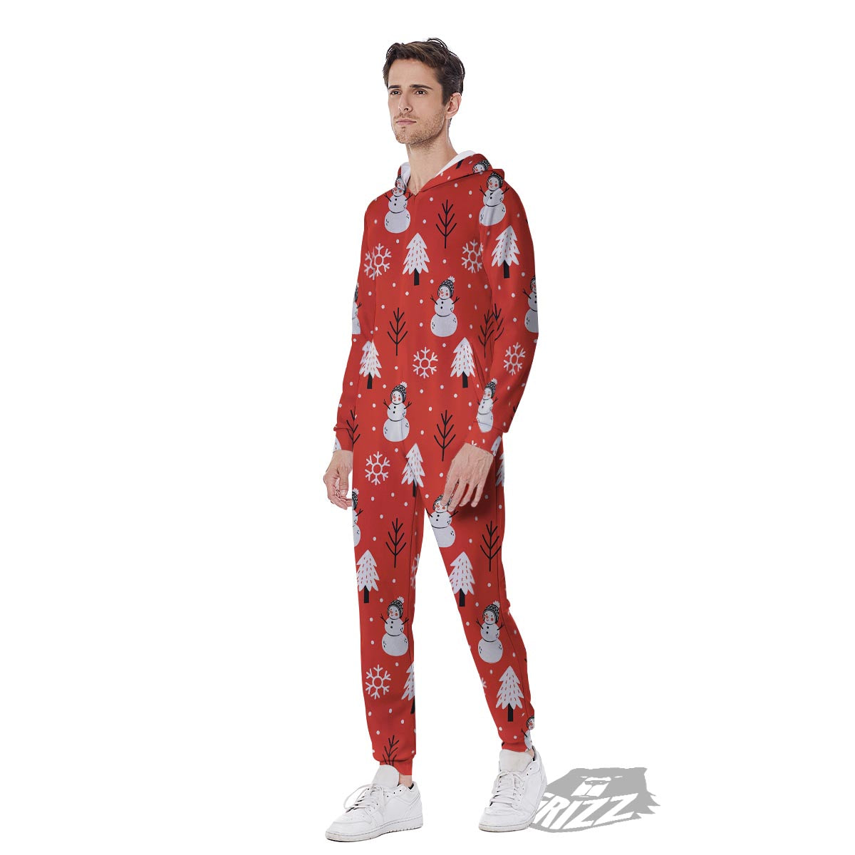 Snowman Red Print Pattern Men's Jumpsuit-grizzshop