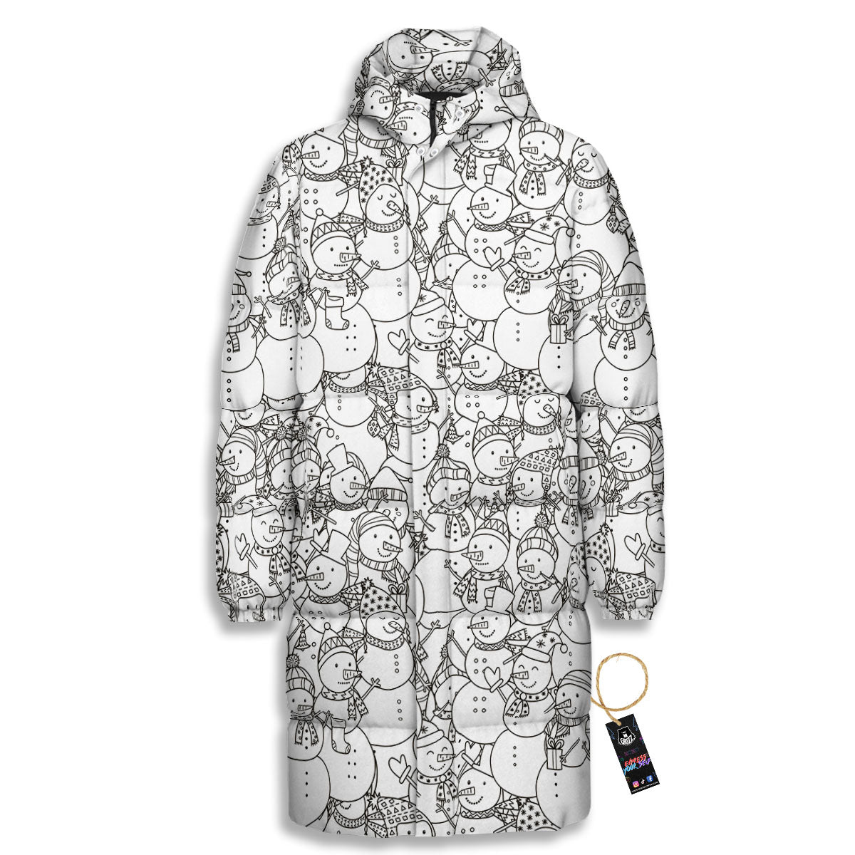 Snowman White And Black Print Pattern Long Down Jacket