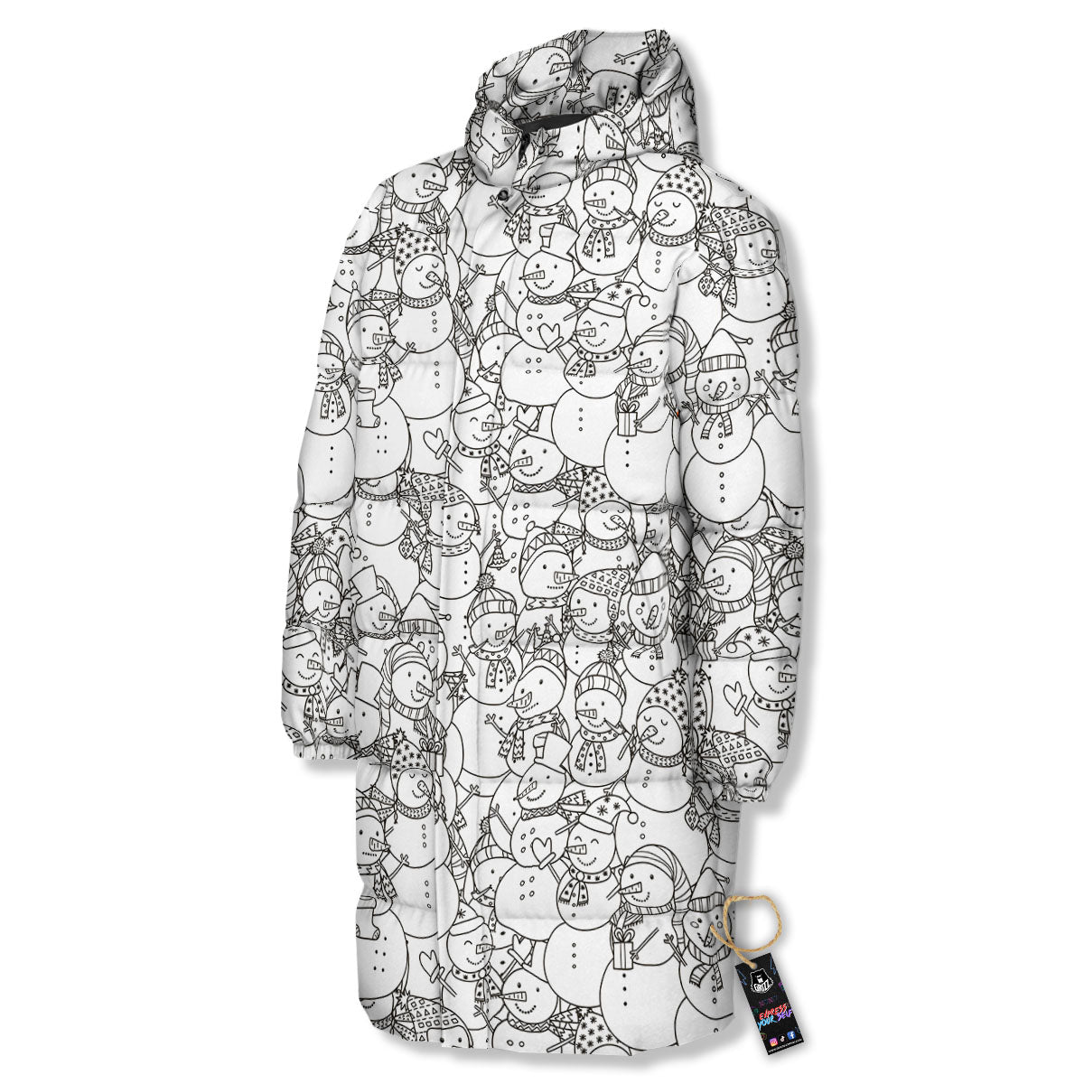 Snowman White And Black Print Pattern Long Down Jacket