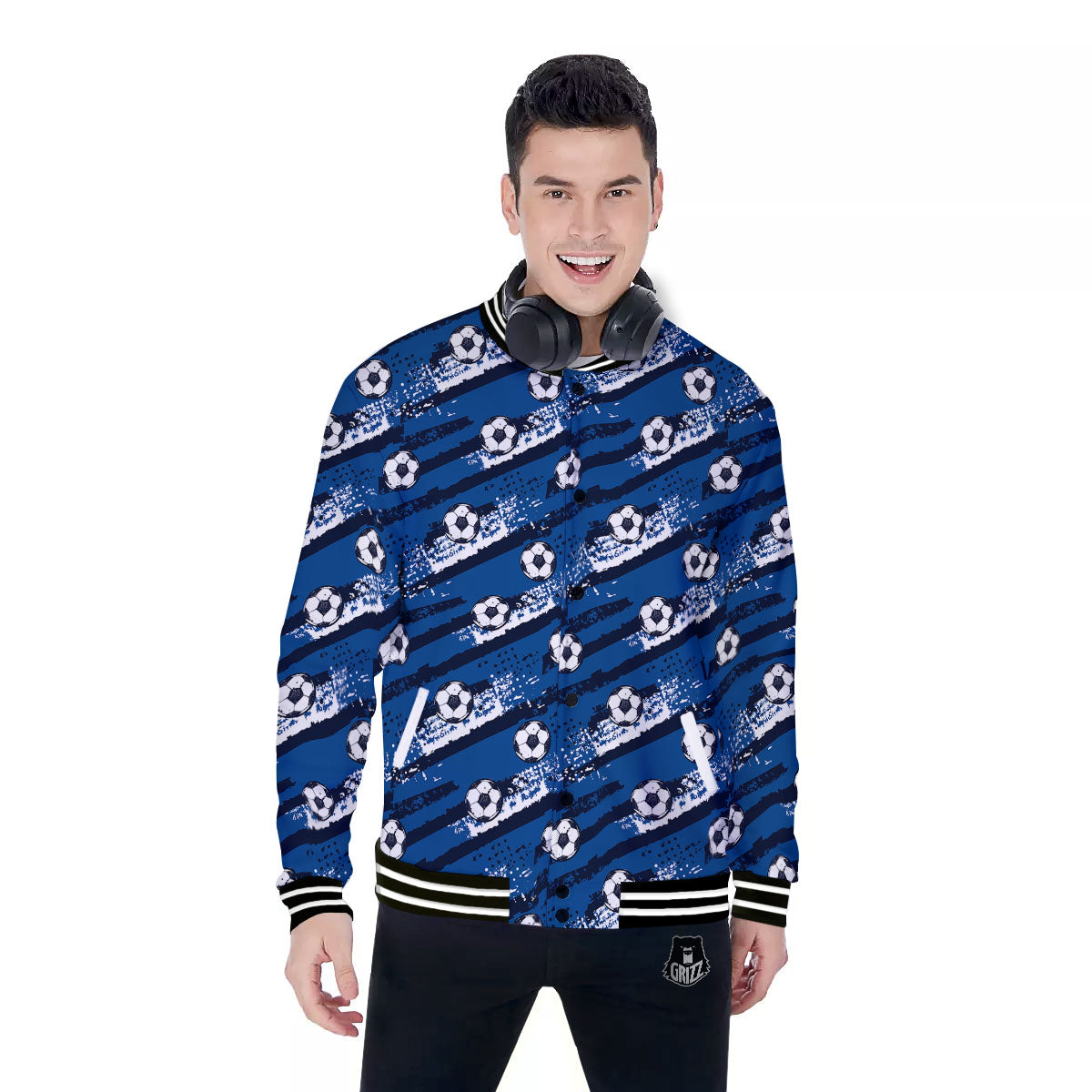 Soccer Ball Blue Print Pattern Baseball Jacket-grizzshop