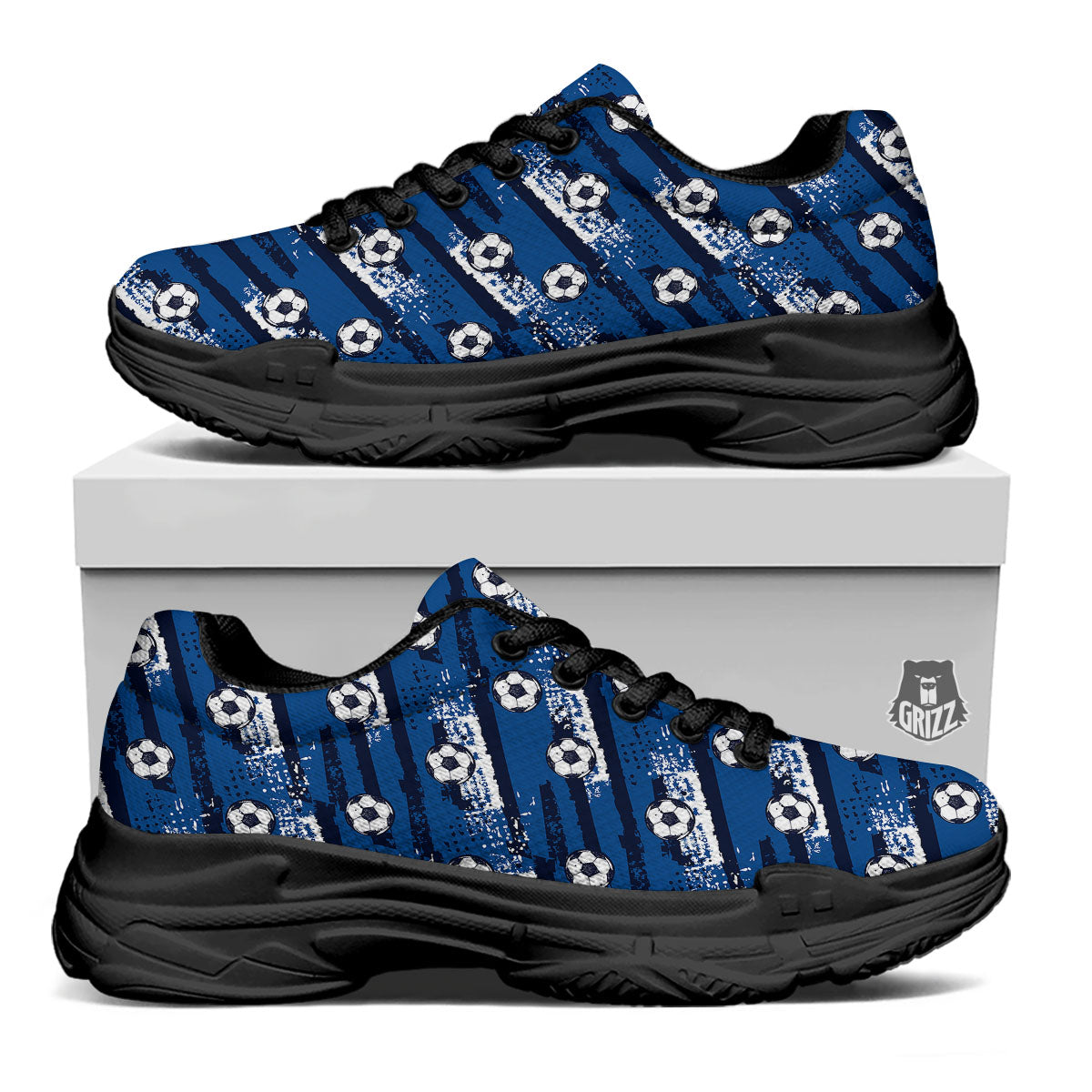 Soccer Ball Blue Print Pattern Black Chunky Shoes-grizzshop