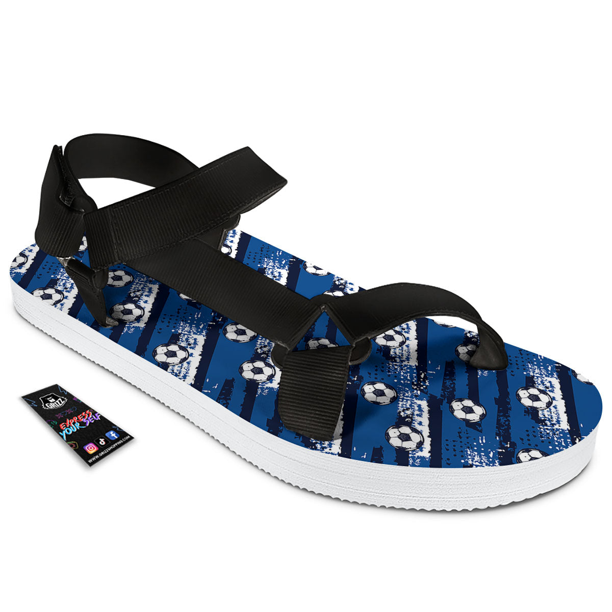 Soccer Ball Blue Print Pattern Black Open Toe Sandals-grizzshop