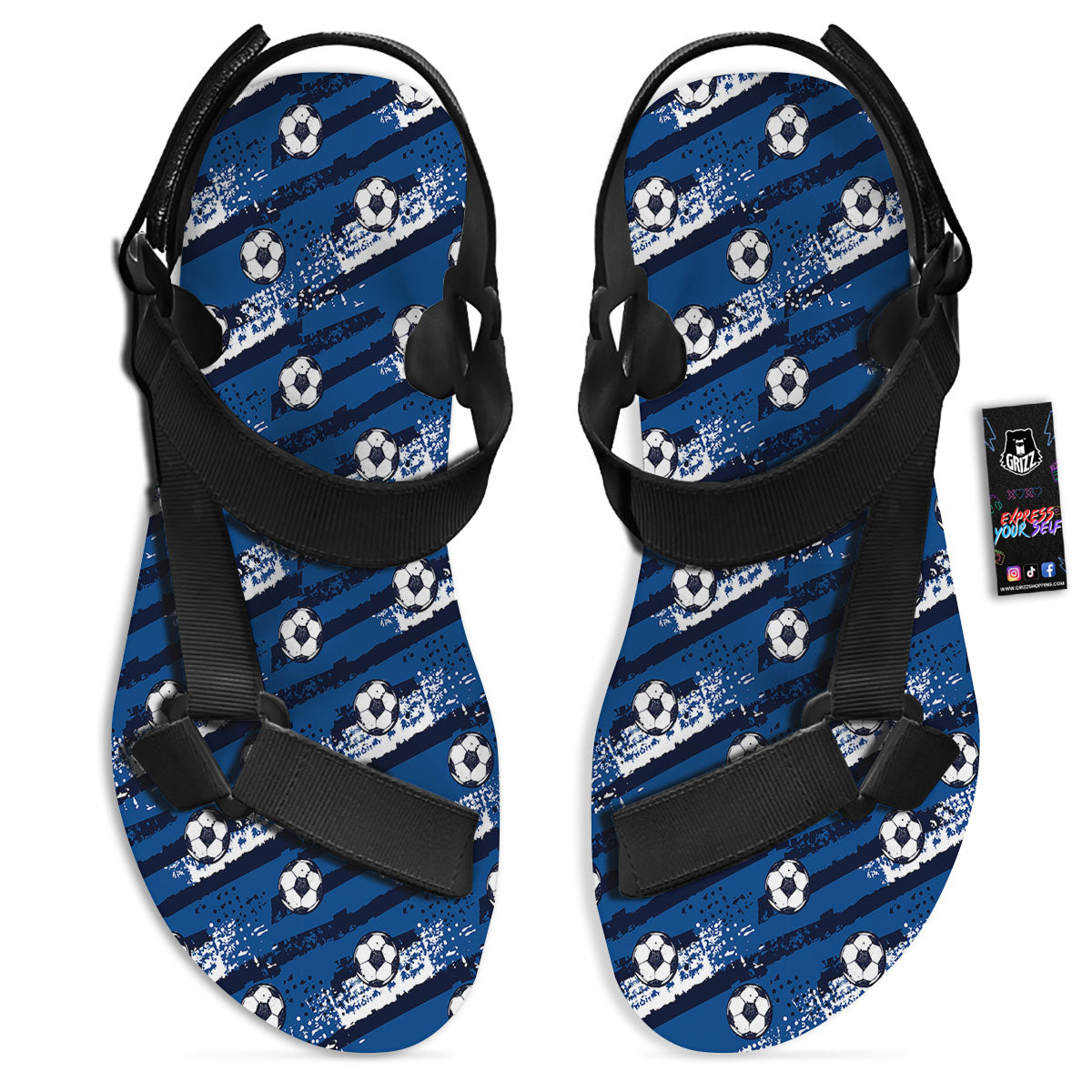 Soccer Ball Blue Print Pattern Black Open Toe Sandals-grizzshop