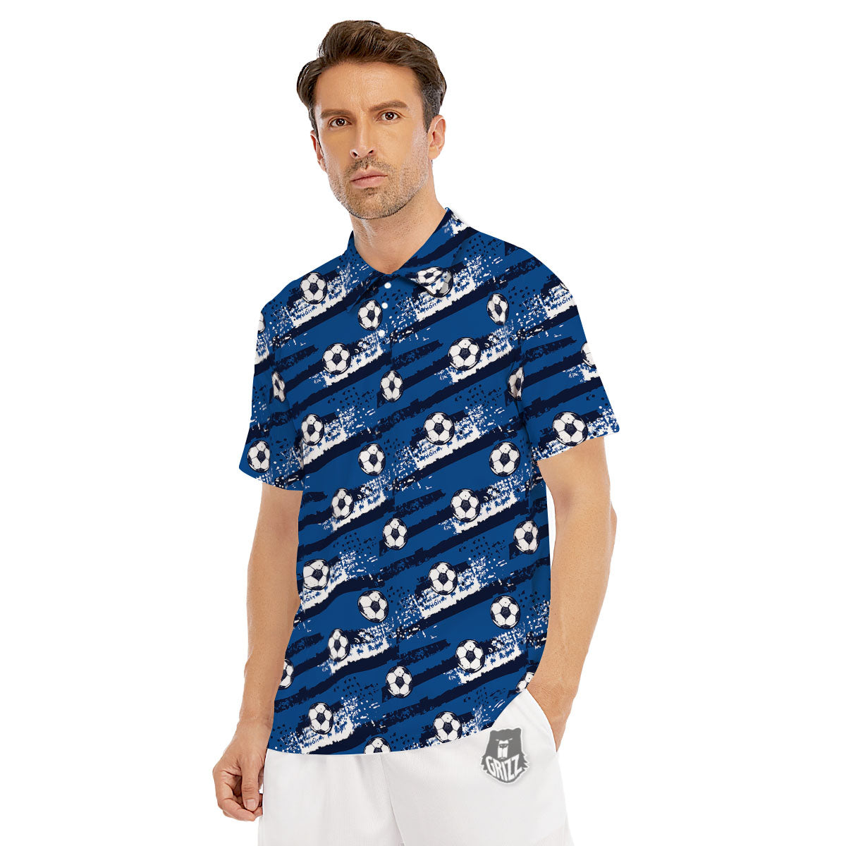 Soccer Ball Blue Print Pattern Men's Golf Shirts-grizzshop