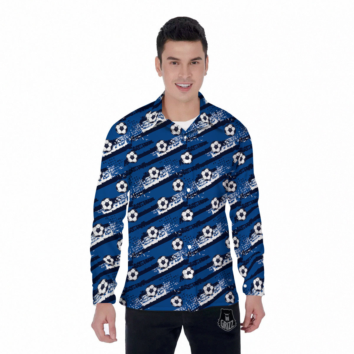 Soccer Ball Blue Print Pattern Men's Long Sleeve Shirts-grizzshop