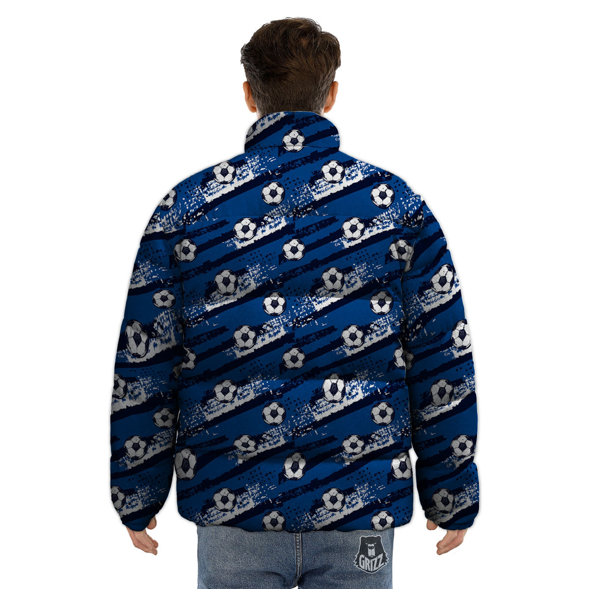 Soccer Ball Blue Print Pattern Puffer Jacket-grizzshop