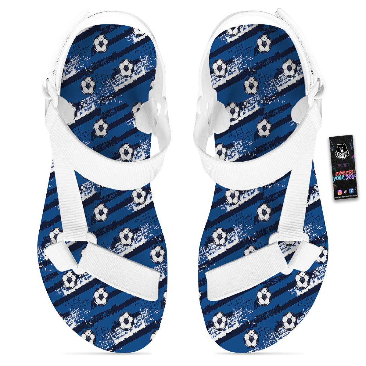 Soccer Ball Blue Print Pattern White Open Toe Sandals-grizzshop