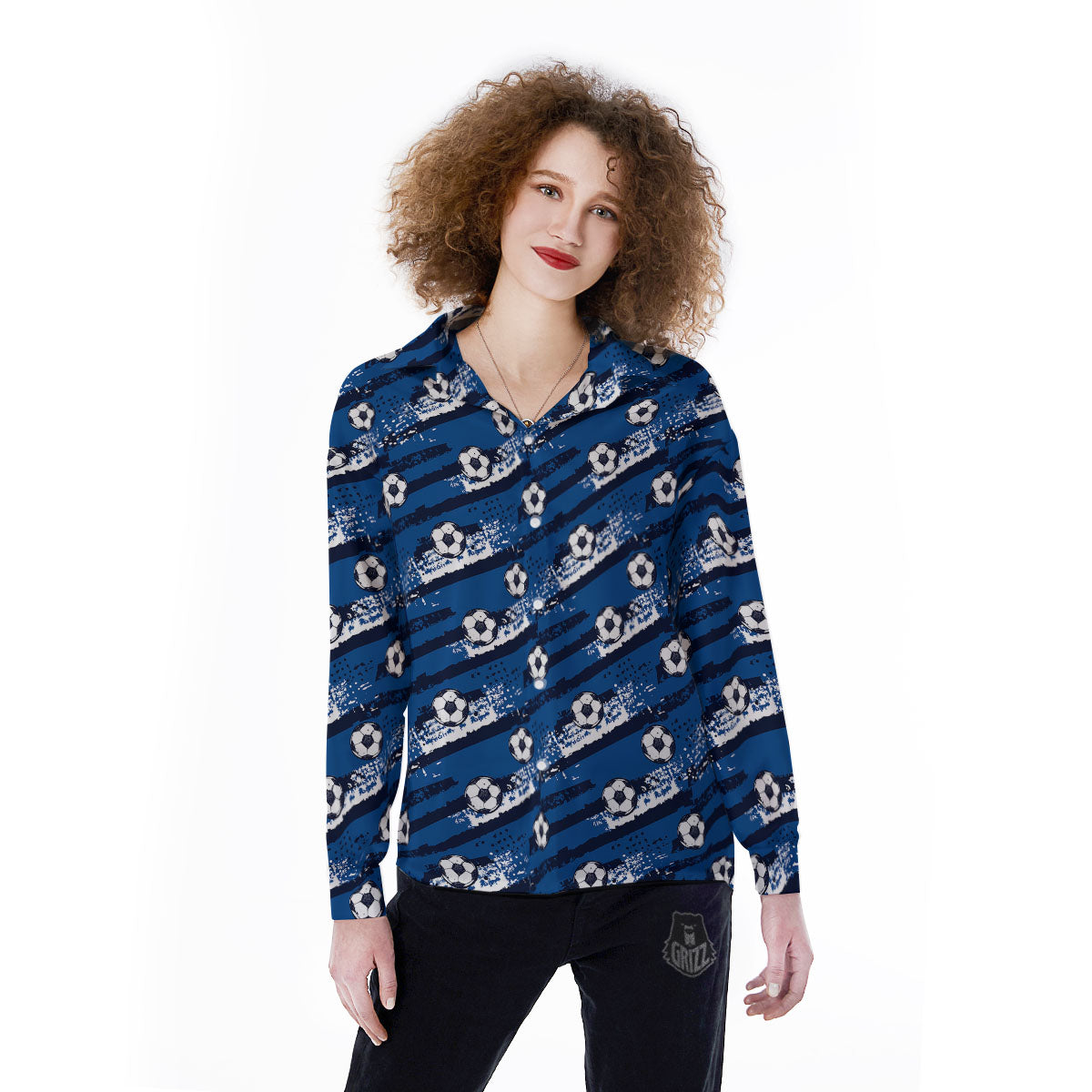 Soccer Ball Blue Print Pattern Women's Long Sleeve Shirts-grizzshop