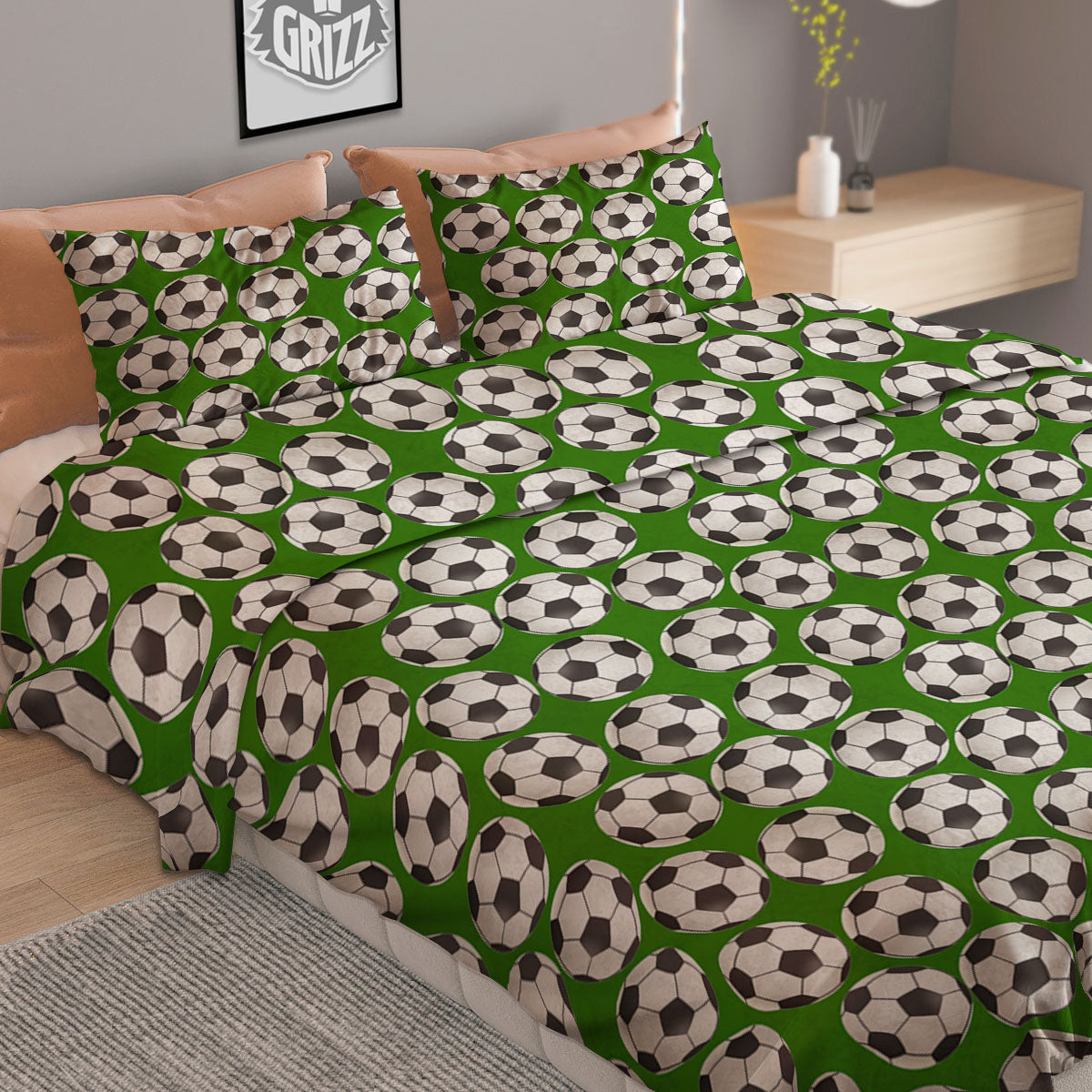 Soccer Ball Green Print Pattern Duvet Cover Bedding Set