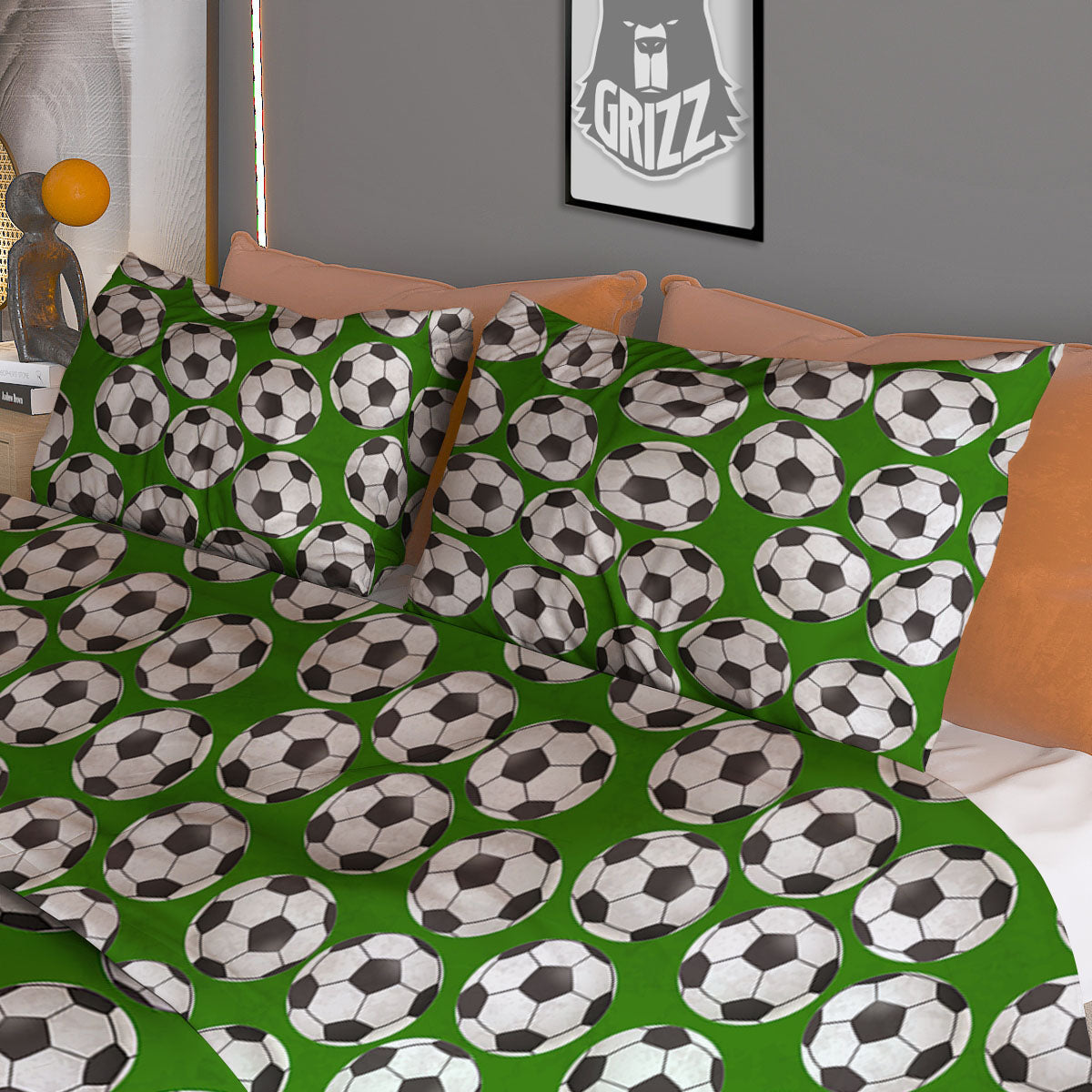 Soccer Ball Green Print Pattern Duvet Cover Bedding Set