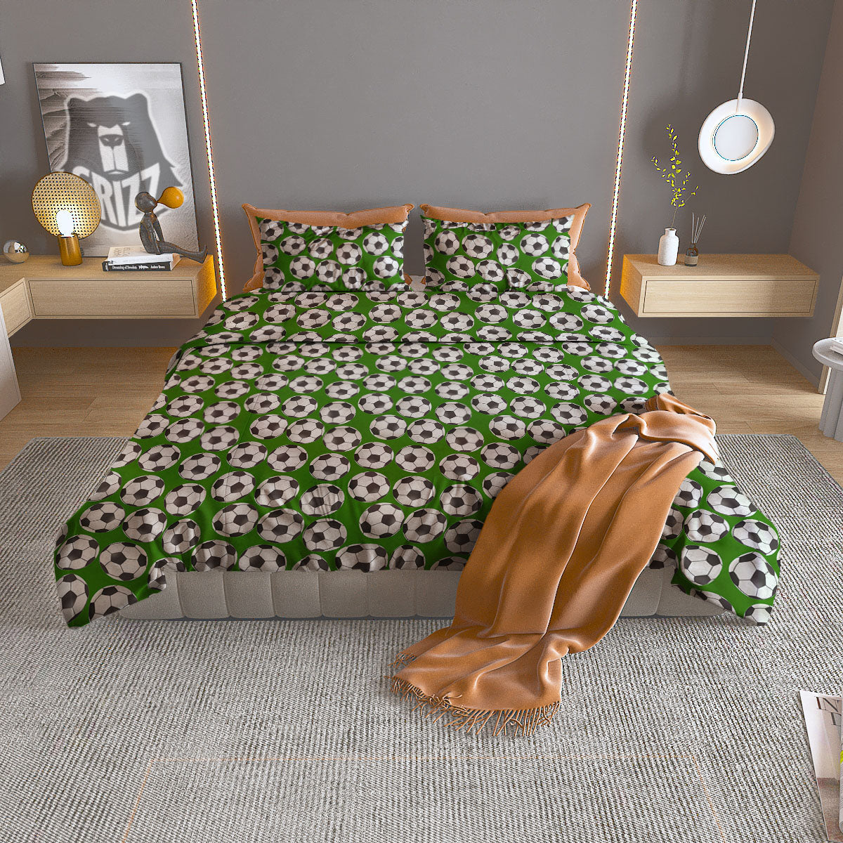 Soccer Ball Green Print Pattern Duvet Cover Bedding Set