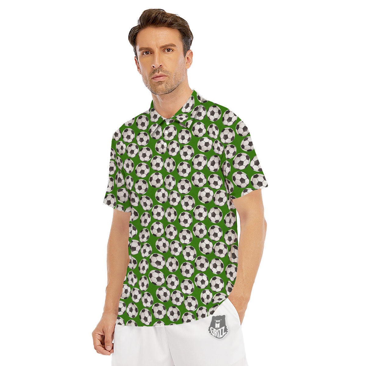 Soccer Ball Green Print Pattern Men's Golf Shirts-grizzshop