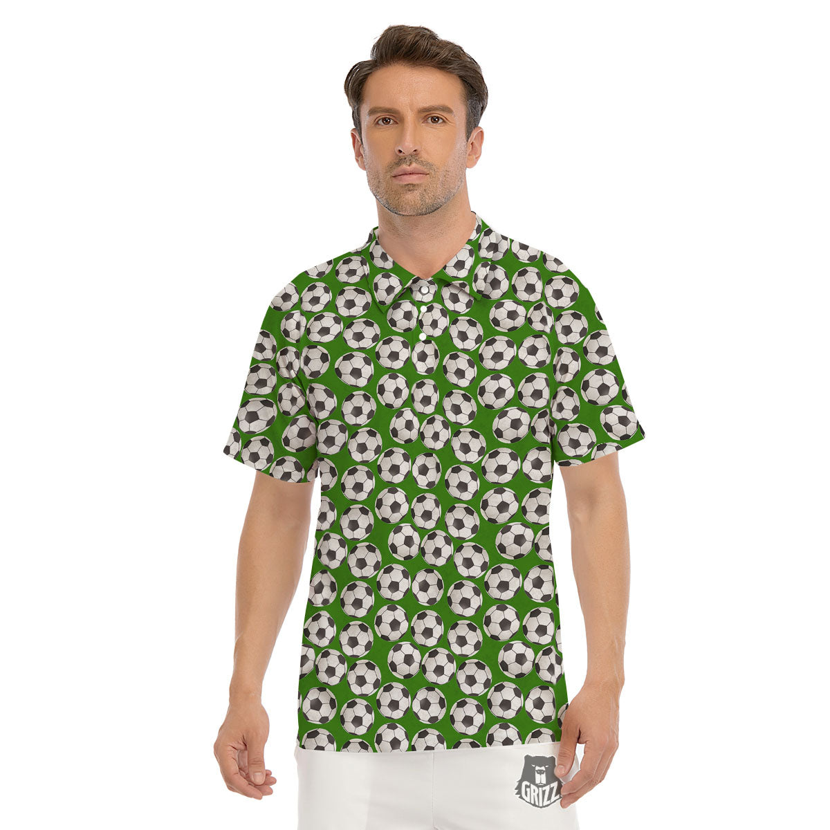 Soccer Ball Green Print Pattern Men's Golf Shirts-grizzshop
