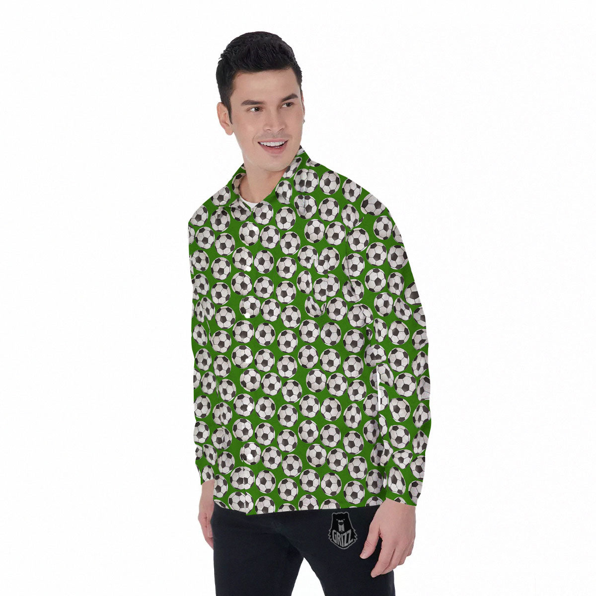 Soccer Ball Green Print Pattern Men's Long Sleeve Shirts-grizzshop
