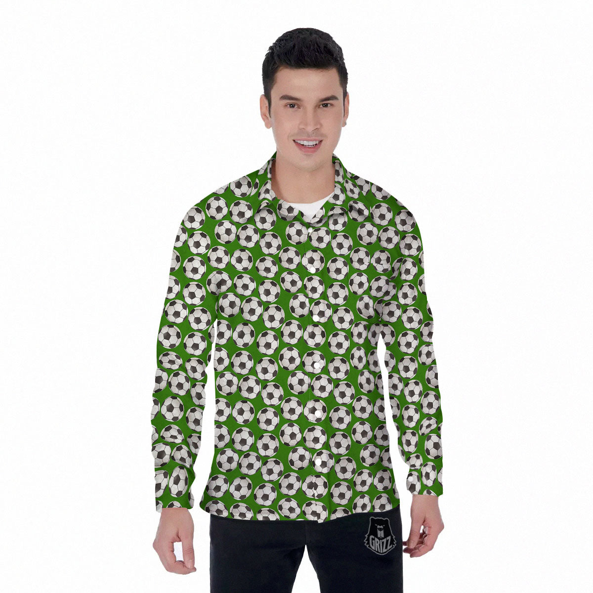 Soccer Ball Green Print Pattern Men's Long Sleeve Shirts-grizzshop