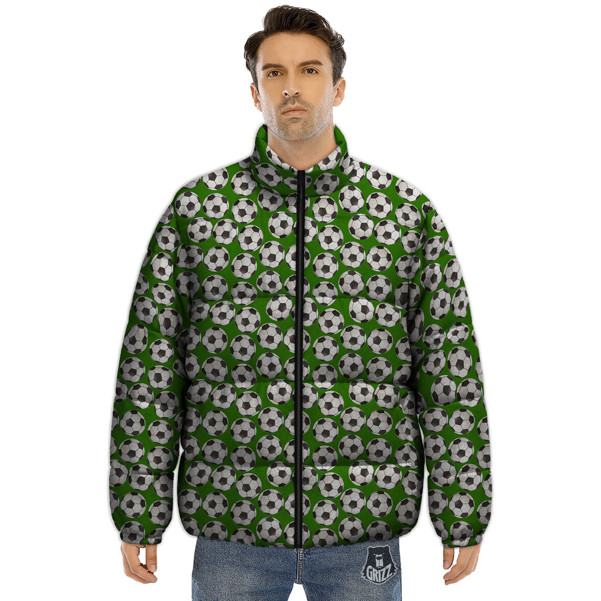 Soccer Ball Green Print Pattern Puffer Jacket-grizzshop