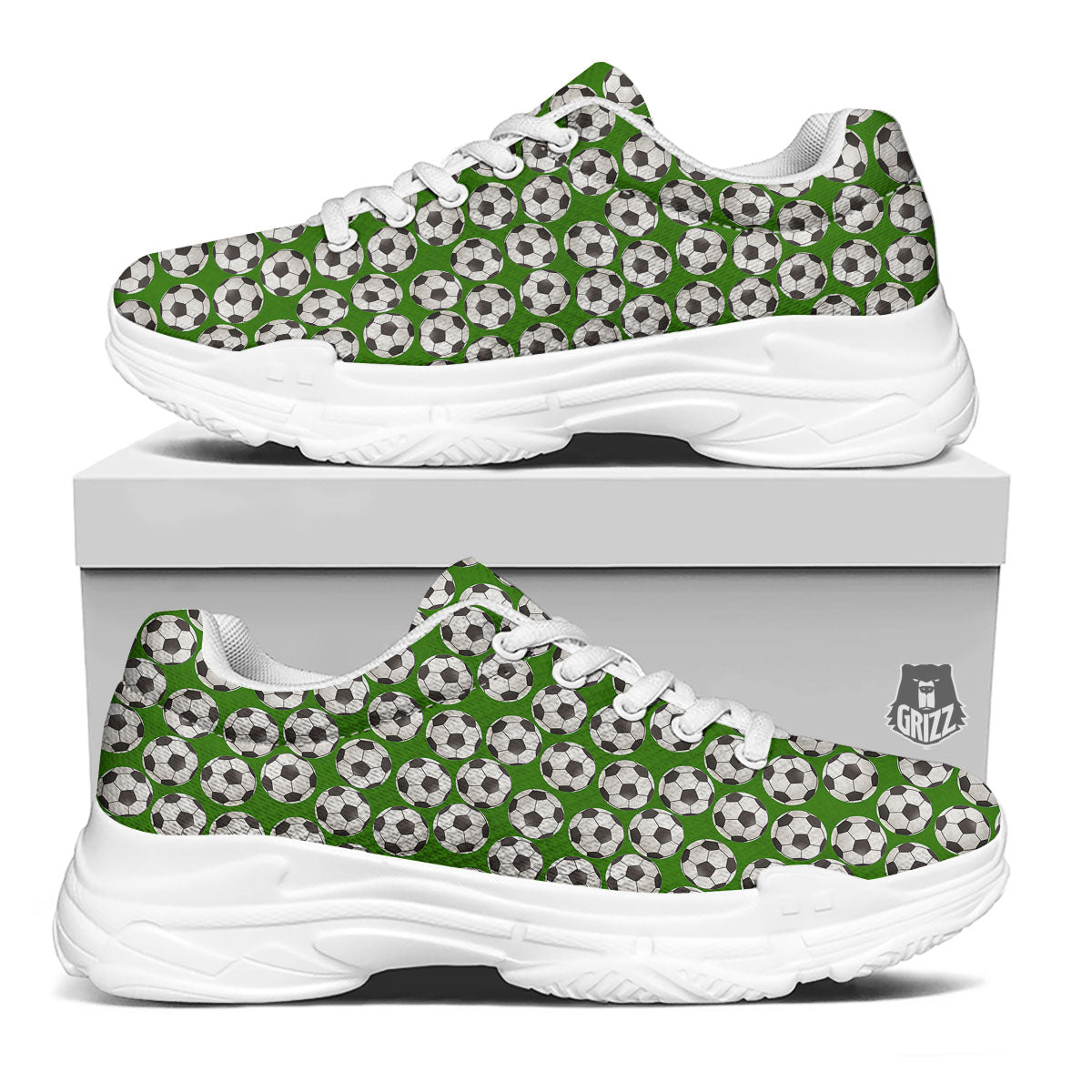Soccer Ball Green Print Pattern White Chunky Shoes-grizzshop