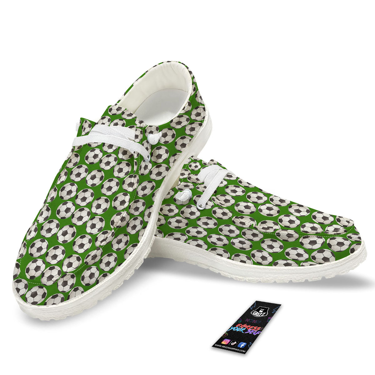 Soccer Ball Green Print Pattern White Loafers-grizzshop