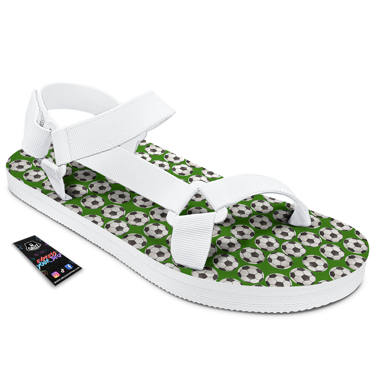Soccer Ball Green Print Pattern White Open Toe Sandals-grizzshop